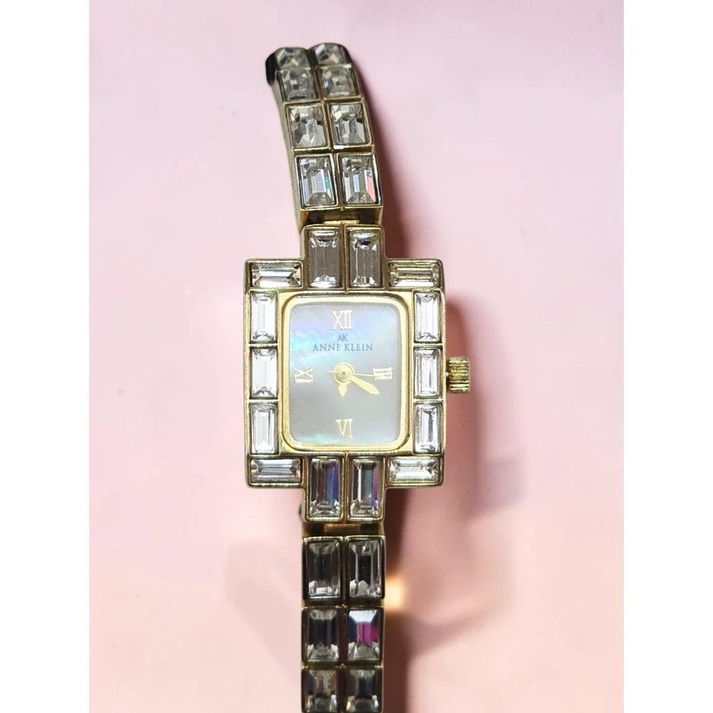 Vintage Anne Klein Women's Crystal Accented Gold Ladies Watch Opalescent
